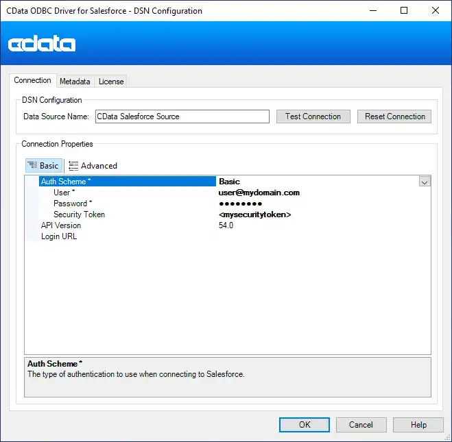 Configuring the DSN (Salesforce is shown.)